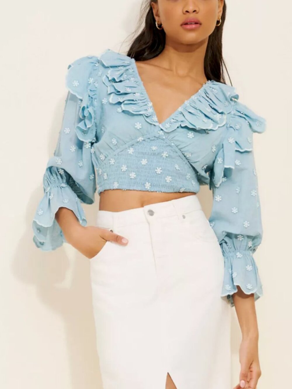 Anthropologie Hannah Lynn Chambray Embroidered Cotton Top size L